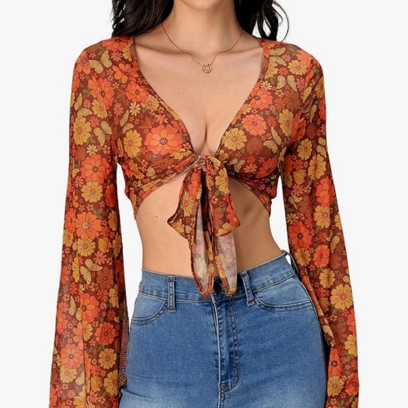 Tops - Floral Tie-Front Chiffon Top - Orange and Brown